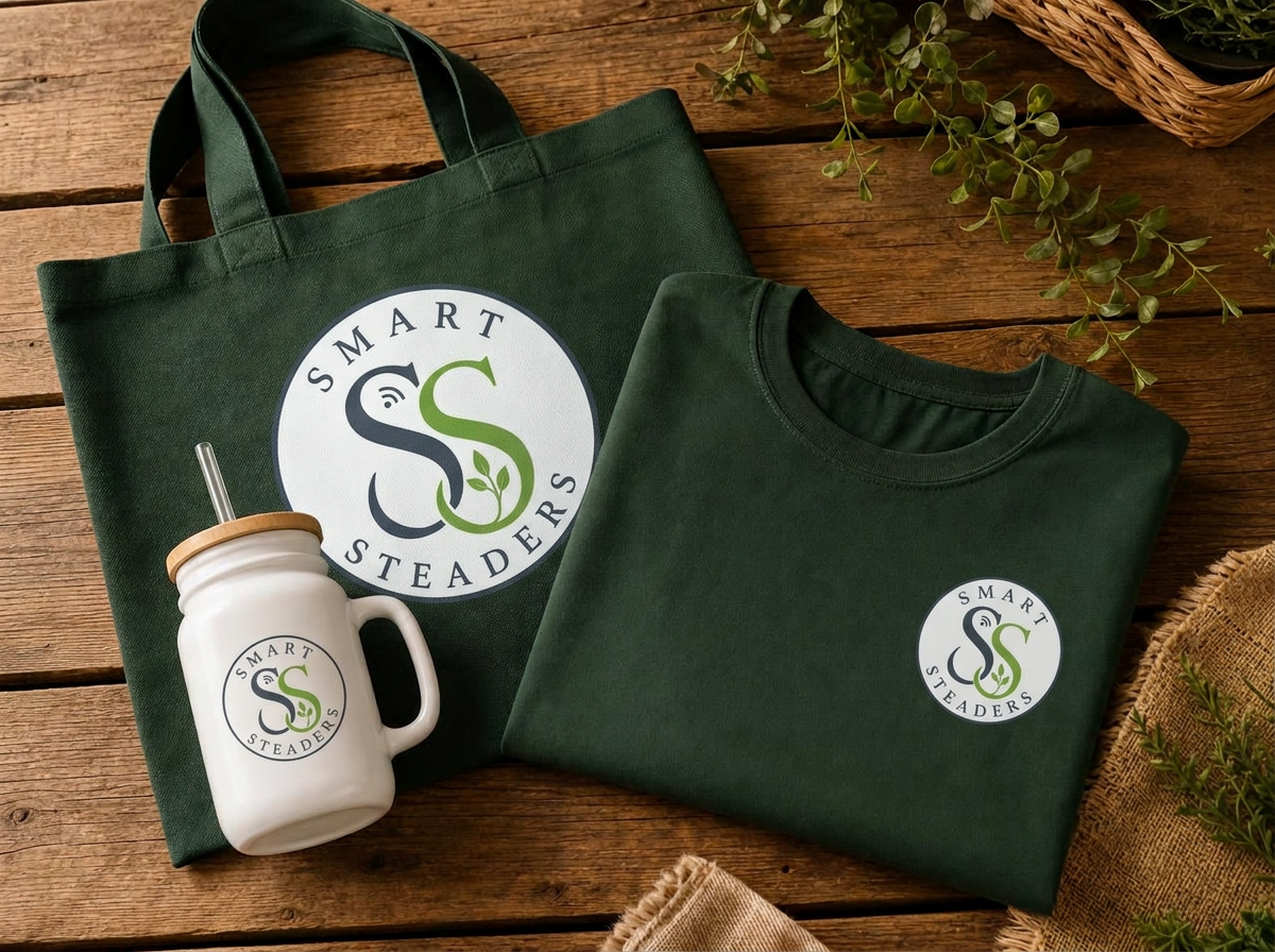 Preview of upcoming Smart Steaders merch: a handled mason jar with straw, a canvas tote, and a heavyweight tee, all branded with the Smart Steaders logo